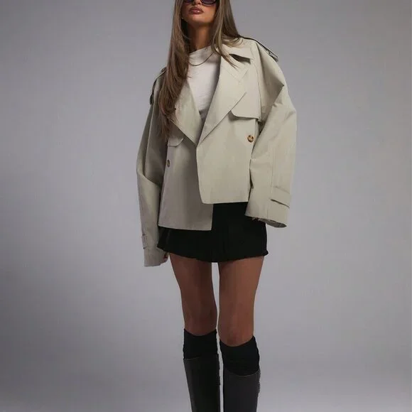 Casual Women's Oversized Tie Waist Short Trench Coat - Picture 5 of 5